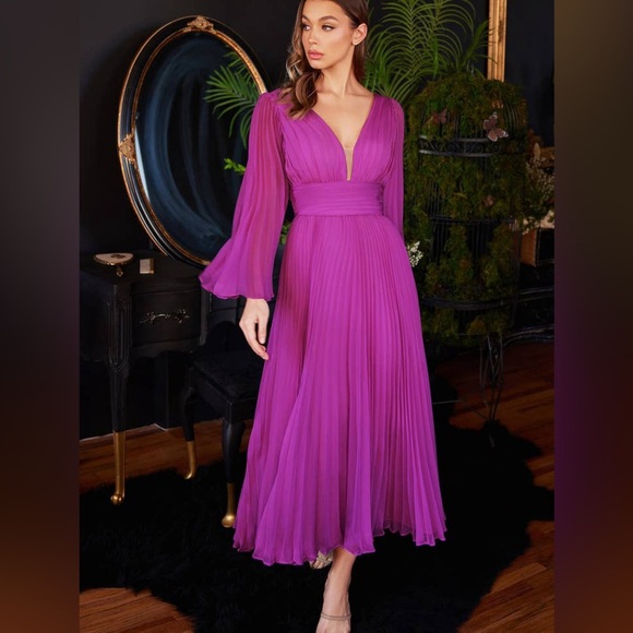 Cinderella Divine Dresses & Skirts - Vibrant Magenta Pleated V-Neck Midi Dress